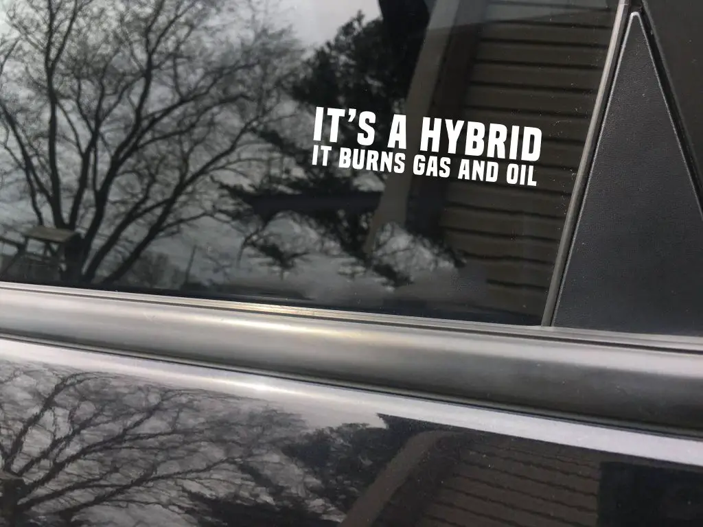 It's a hybrid It burns gas and oil funny car sticker decal