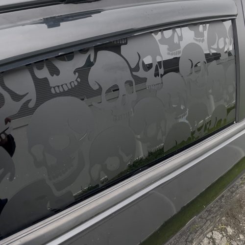 Gothic Car Window Sketch, Full Window Skull Decal, Large Vehicle Skeleton Sticker