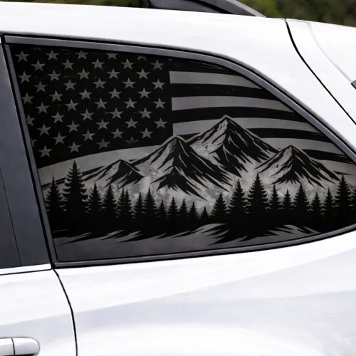 American Flag Mountain & Evergreen Tree Decal — Weatherproof Oracal 651 Vinyl