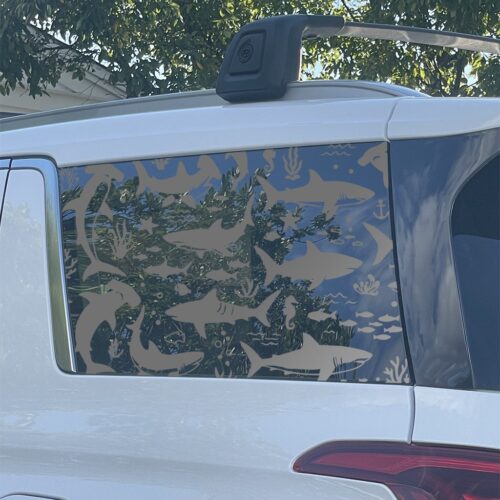 Sharks Underwater Full Car Window Decal — Die-Cut Oracal 651 Vinyl, Weatherproof & UV-Resistant